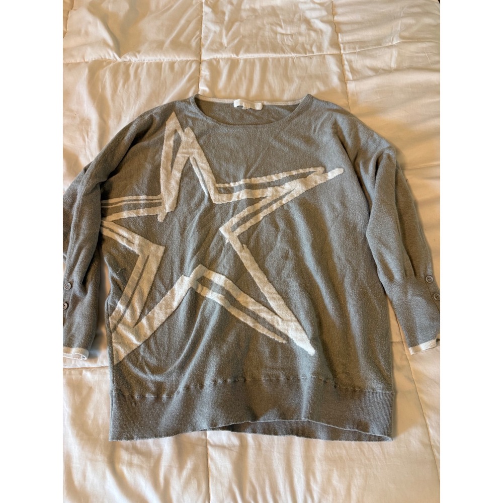 Adyson Parker Gray Star Graphic Knit Sweater Button Cuff Pullover XL